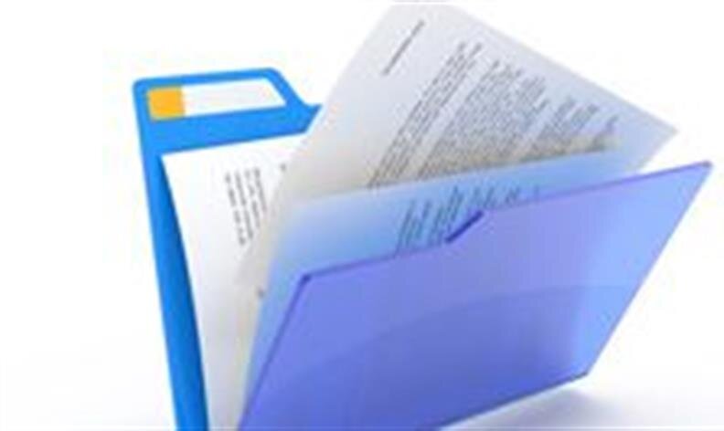 A blue file folder containing several sheets of printed paper, viewed from above on a white background.