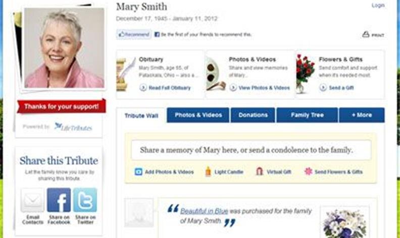 Screenshot of an online obituary page for Mary Smith, showing her photo, dates, and options to share memories or send condolences.