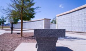 A stone bench sits on a paved path near a tree, with rows of columbarium niches in the background.