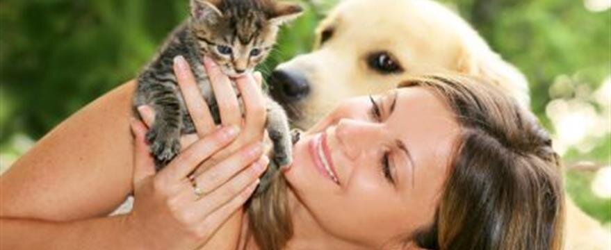 A woman smiles while holding a kitten, with a dog watching closely in the background.